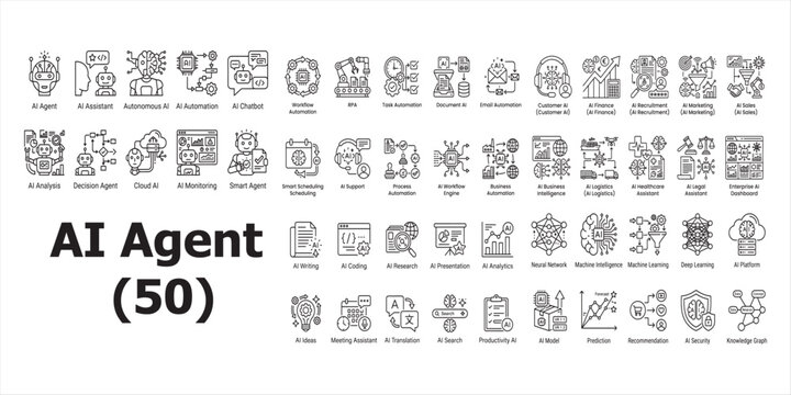 A collection of fifty distinct artificial intelligence agent line art icons arranged in a clean grid layout design