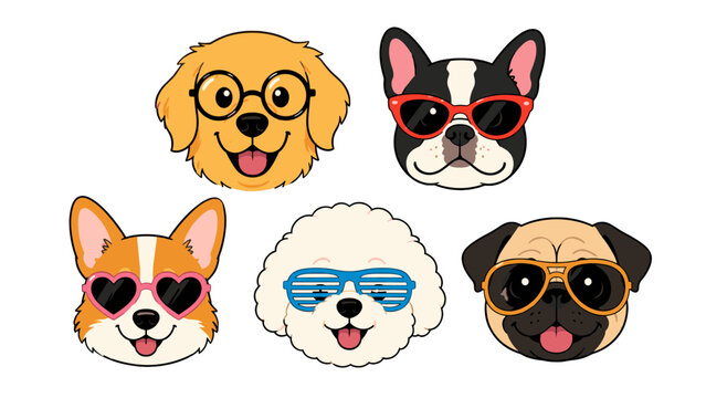 Cute dog faces wearing colorful glasses vector set