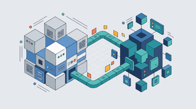Abstract digital data flow between server blocks and network nodes.