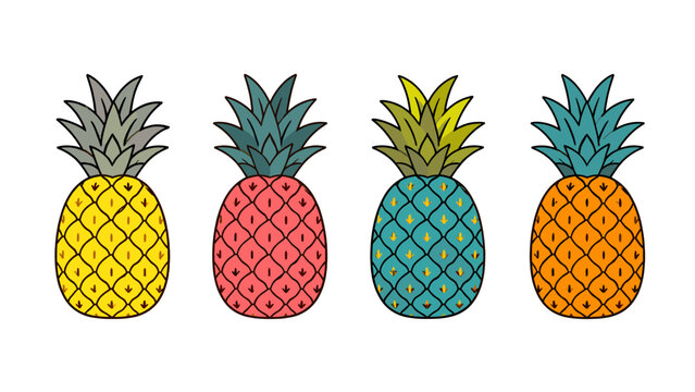 Set of four colorful hand drawn pineapple illustrations