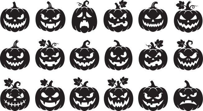 A collection of hand drawn spooky pumpkin faces isolated on white background for your creative halloween party decorations and graphic design projects