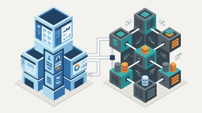 Modern Data Center Server Racks Connected Network.
