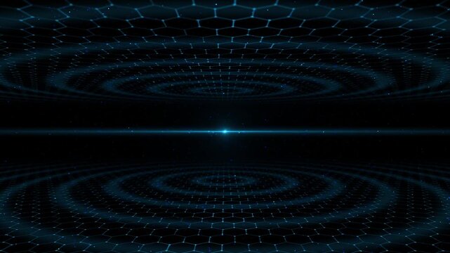 Futuristic hexagonal data space visual blue honeycomb pattern above below, deep black center, horizon glow. for AI backgrounds, network videos, HUD screens, tech presentations, motion graphics.