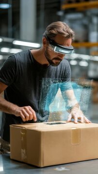 In a high tech warehouse, a worker uses augmented reality glasses to process packages with a holographic interface. The scene highlights innovation and digital transformation in logistics