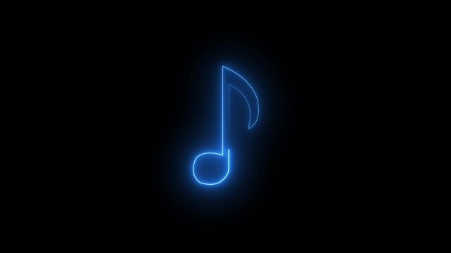 Blue neon musical note symbol glowing on black background icon
