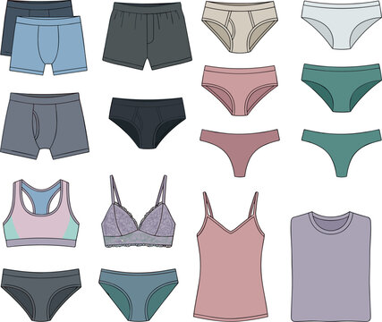 Collection of various types of underwear for men and women, including bras, panties, boxers, and undershirts, vector illustration