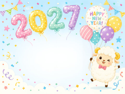 2027のバルーンと羊を描いた2027年未年の年賀イラスト