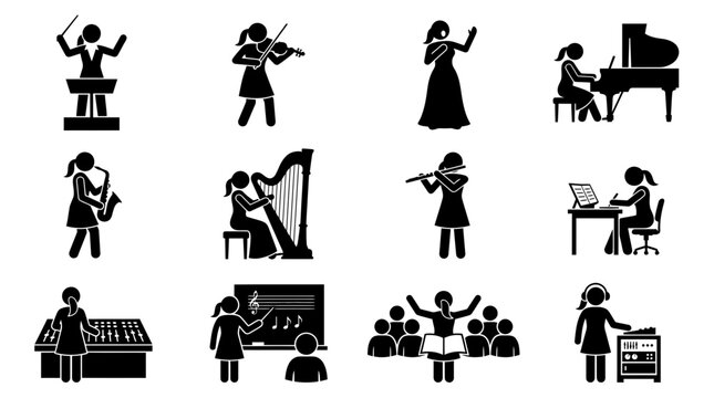 Diverse Musicians and Conductors Icon Set: Orchestra, Piano, Violin, Harp, Saxophone, Flute