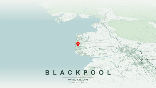 Modern minimalist vector map of Blackpool, Lancashire, England. High-quality scalable illustration of Blackpool geographic boundaries along Irish Sea coastline for posters design.