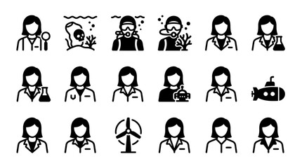 Diverse Science Icons: Female Scientists, Research, Underwater, Submarine, Wind Turbine © aef