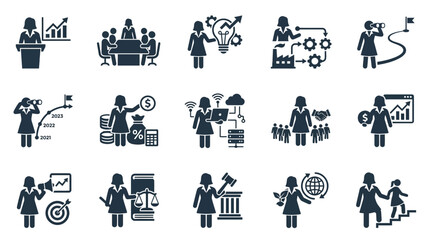 Fototapeta premium Business Woman Icons: Growth, Teamwork, Innovation, Strategy, Leadership, Finance, Technology