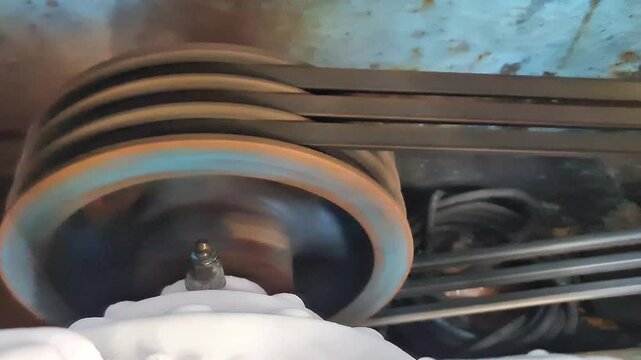 Dynamic Motion of Multi-Groove Pulley and V-Belt Mechanical Power Transmission System on a Frosted Industrial Compressor