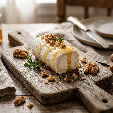 Gourmet Goat Cheese Log Drizzled with Honey and Topped with Walnuts on Rustic Board.