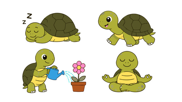Cute cartoon turtle set with sleeping, walking, watering and yoga