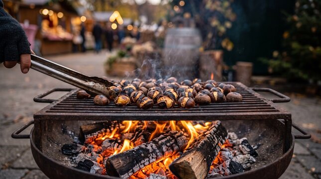 chestnuts roasting over open fire, Grilling chestnuts over an open fire at autumn market