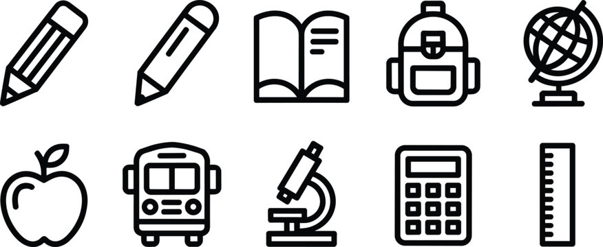 Set of school and education icons including pencil book backpack globe and science equipment in flat linear vector style