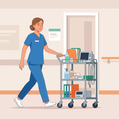 Fototapeta premium Nurse pushing medical cart in hospital corridor, healthcare and medical equipment illustration.