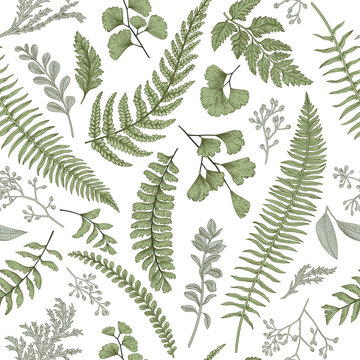 Hand-Drawn Seamless Floral Background with Botanical Flowers, Roses, Lotus, Hearts, Leaves and Blossoms | Elegant Spring Summer Nature Wallpaper Pattern | Soft Pastel Vector Line Art for Fabric, Texti