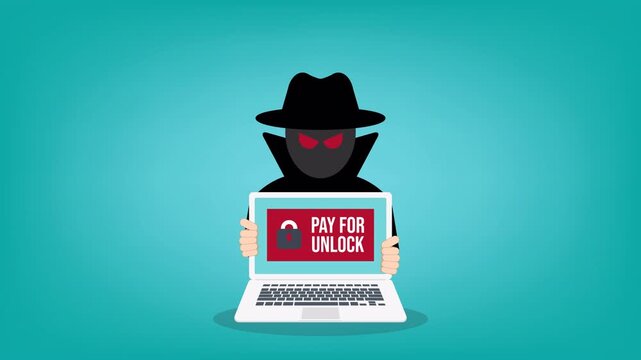Cyber Ransomware Attack on Laptop Screen with Anonymous Hacker Animation