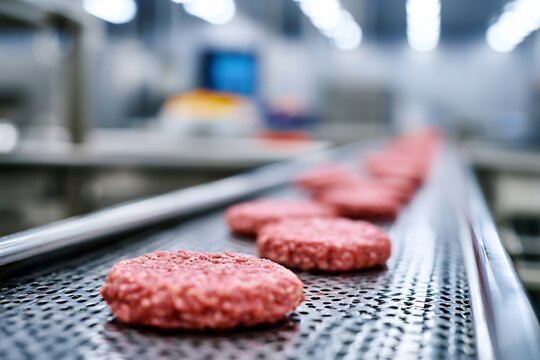 Raw hamburger patties moving along a stainless steel conveyor belt in a food processing factory.