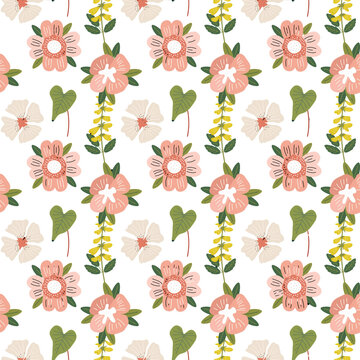 Hand-Drawn Seamless Floral Background with Botanical Flowers, Roses, Lotus, Hearts, Leaves and Blossoms | Elegant Spring Summer Nature Wallpaper Pattern | Soft Pastel Vector Line Art for Fabric, Texti