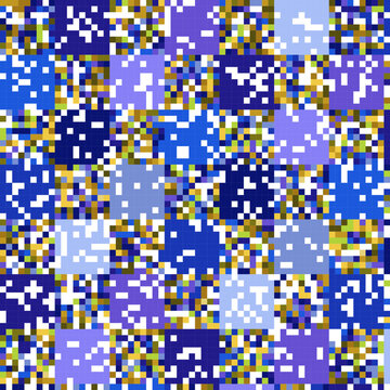 Abstract pixel art background, blue and gold mosaic pattern, geometric digital glitch texture, seamless square tile vector illustration for tech design