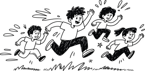 Happy group of children running and playing together in hand drawn doodle style for joyful activity concept