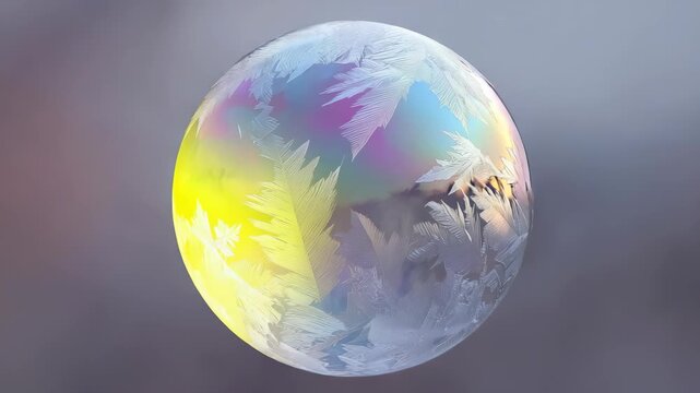 This close up image captures a perfectly round frozen soap bubble adorned with frosty patterns and pastel hues. The ethereal scene evokes a sense of wonder and seasonal tranquility