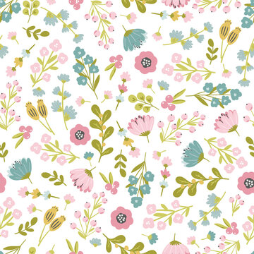 Hand-Drawn Seamless Floral Background with Botanical Flowers, Roses, Lotus, Hearts, Leaves and Blossoms | Elegant Spring Summer Nature Wallpaper Pattern | Soft Pastel Vector Line Art for Fabric, Texti