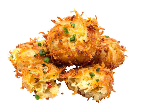 Crispy golden fried potato hash brown balls garnished with fresh green scallions