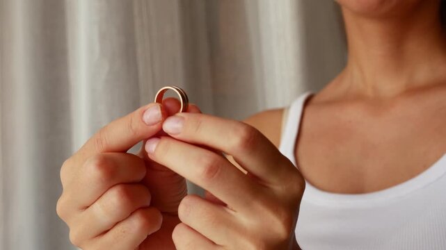 Close up of woman examining wedding ring after relationship breakup at home
