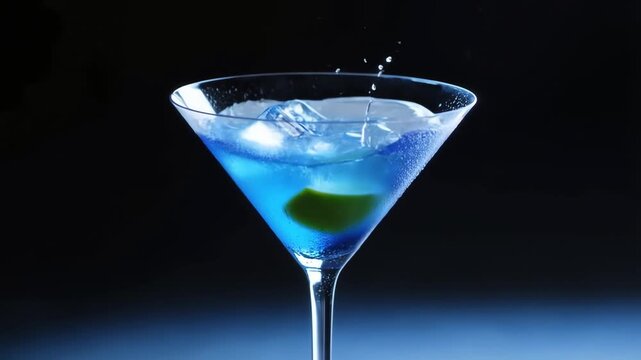 Refreshing blue cocktail with ice cubes and lime slice