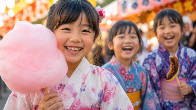 Smiling children in floral yukata holding pink cotton candy at japanese summer festival, lantern stalls, obon celebration, tanabata decorations, hanabi matsuri night market, kodomo no hi