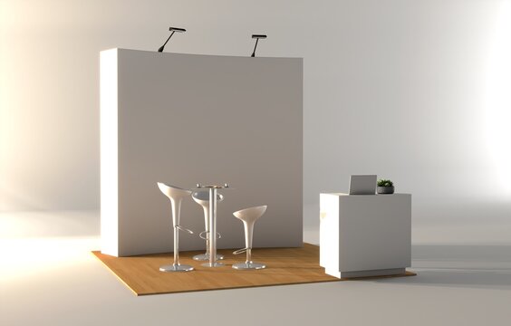 Trade stand mockup. Blank exhibit stand mockup, fair stand. Blank indoor exhibition with work paths. Blank trade exhibition booth system stand.