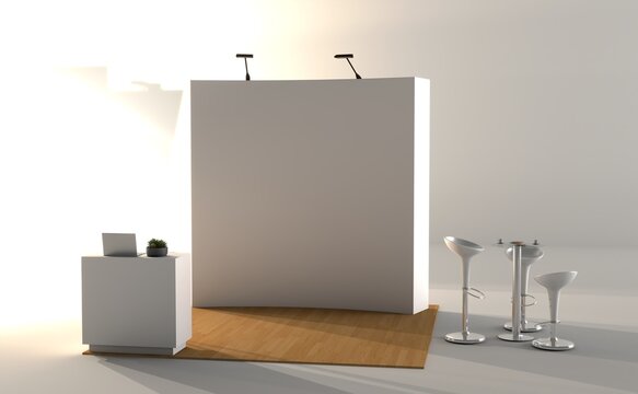 Trade stand mockup. Blank exhibit stand mockup, fair stand. Blank indoor exhibition with work paths. Blank trade exhibition booth system stand.