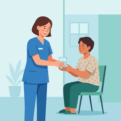 Obraz premium Caring Nurse Gives Glass of Water to Patient in Simple Flat Illustration Style