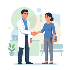 Fototapeta premium Doctor and Patient Shaking Hands in Modern Clinic Waiting Room, Flat Vector Illustration