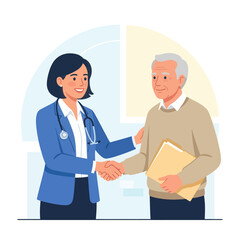 Fototapeta premium Doctor and Patient Shaking Hands, Medical Consultation, Healthcare Concept, Flat Vector Illustration
