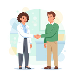 Obraz premium Doctor and patient shaking hands, professional healthcare consultation, flat vector illustration.
