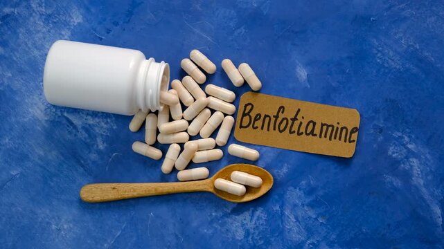 Benfotiamine capsules and vitamin supplements. Selective focus.