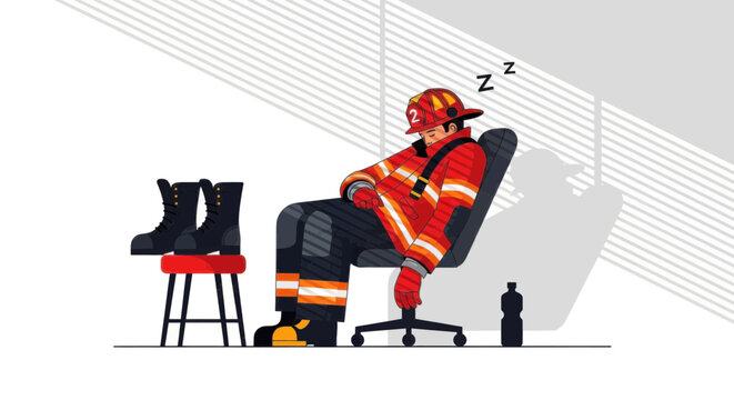 Firefighter resting in office chair after long shift.