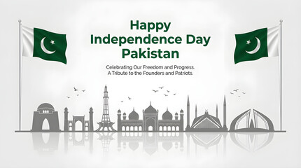 Obraz premium Happy independence day pakistan greeting card with landmarks