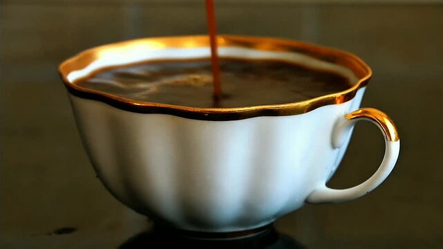 Rich dark coffee streams gently into elegant white cup trimmed with shimmering gold rim and curved handle