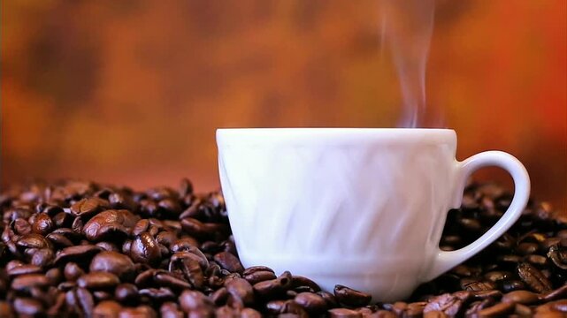 White textured ceramic cup rests deep in pile of glossy roasted coffee beans, soft steam rises against warm blurred backdrop