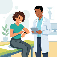 Fototapeta premium Doctor and patient interacting with smartwatch data in a medical consultation
