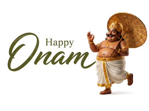 Happy Onam greeting card featuring 3D King Mahabali with golden umbrella on white background