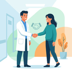 Fototapeta premium Doctor and Patient Shaking Hands in Modern Clinic Hallway with Abstract Shapes and Plant - Medical Consultation and Trust