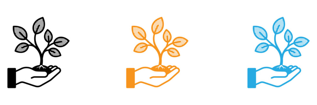 Growing plant icons with hands supporting stages of growth isolated on transparent background, Vector