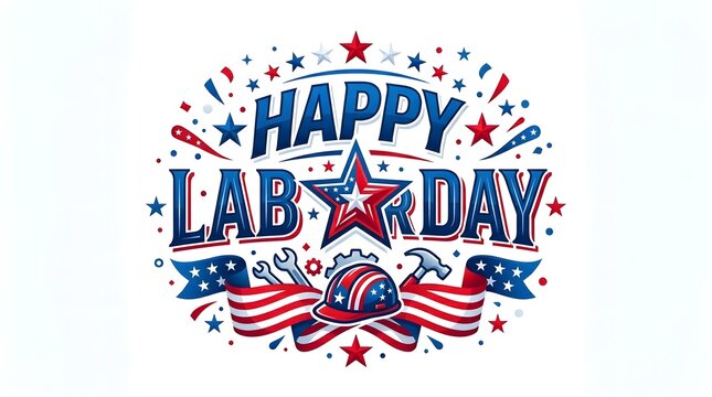 Happy Labor Day greeting card design. Patriotic American holiday badge with tools and stars.