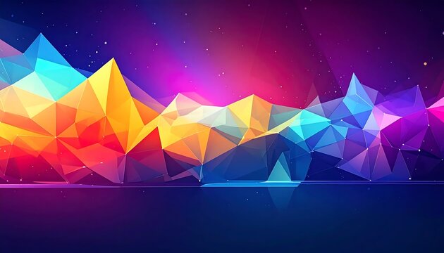 Vibrant low poly abstract background with colorful geometric polygonal mountains and glowing starry sky